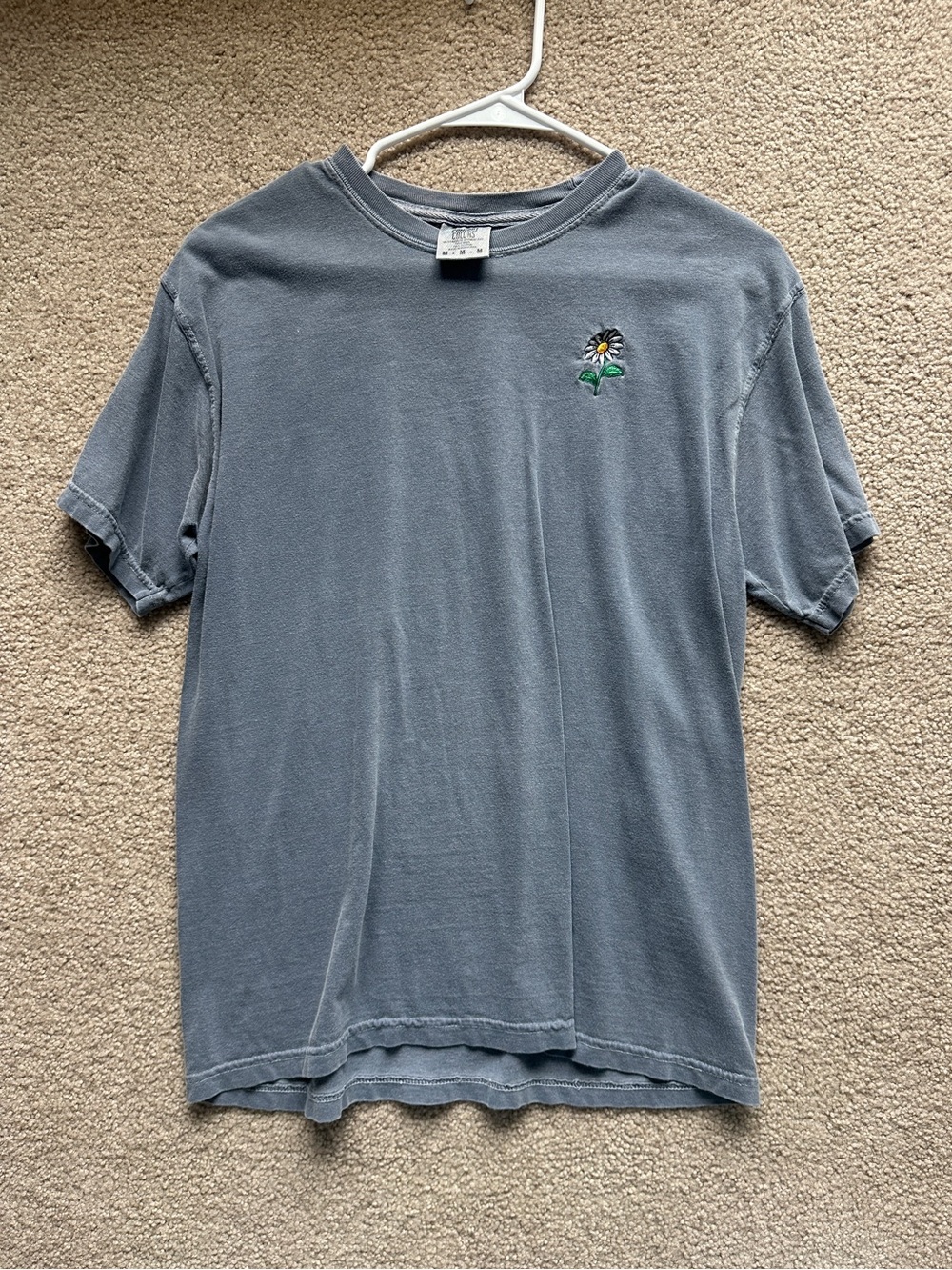 Washed Blue Crewneck T-Shirt with Embroidered Flower